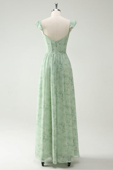 A Line Green Flower Ruffles Straps Long Corset Prom Dress with Split Front